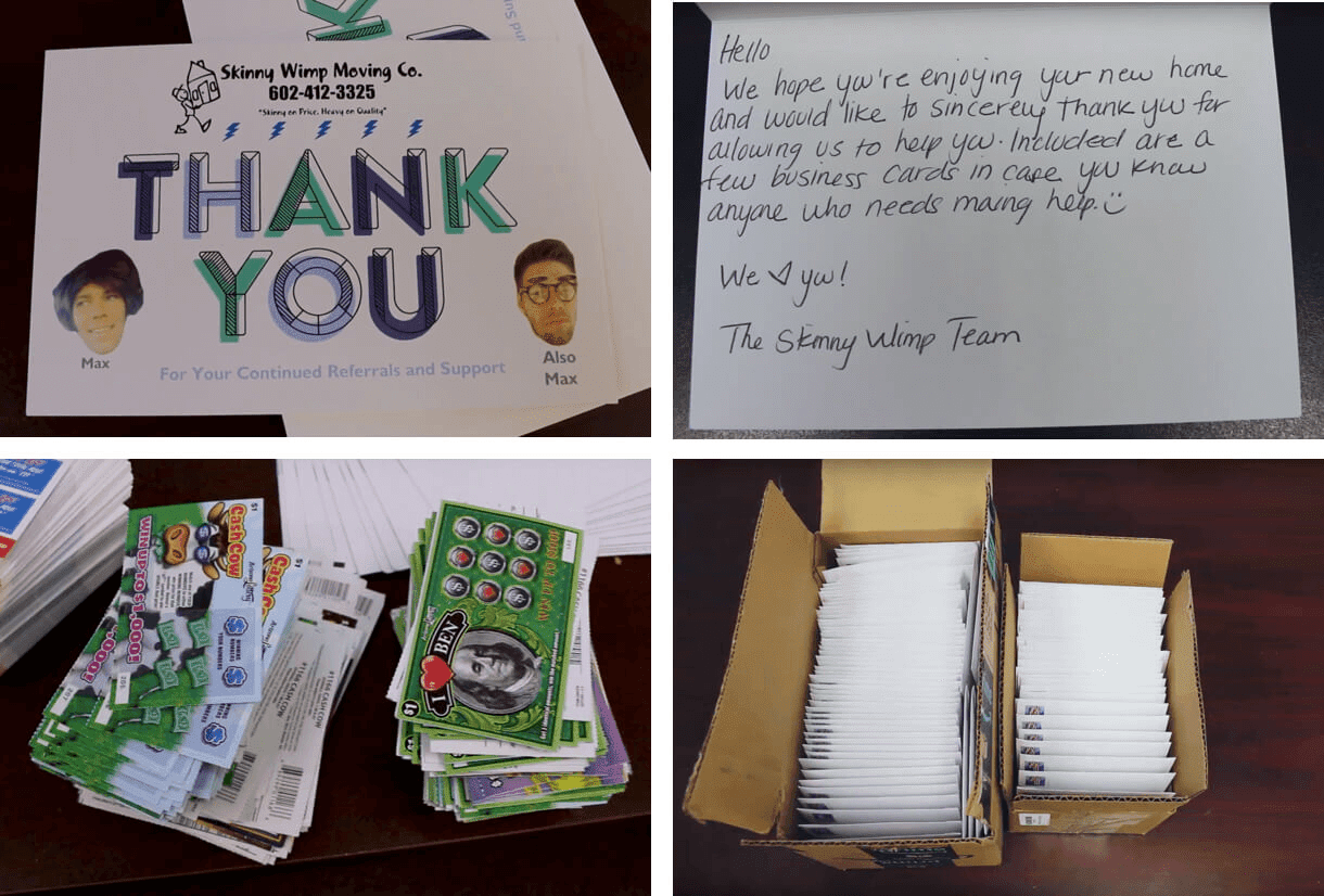 The mailer Skinny Wimp Moving sent to past clients — a Thank You card, a handwritten note, a lottery ticket, and business cards, with a box of prepared packages